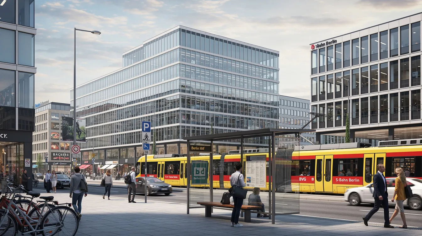 Die Berliner Stadtansicht zeigt moderne Bürogebäude, umgeben von öffentlichen Verkehrsmitteln, die das geschäftige Treiben in der Arbeitswelt widerspiegeln. Diese Szene verdeutlicht die Bedeutung von Mindestlöhnen und Arbeitsplätzen in der Stadt, wo Arbeitnehmer und Arbeitgeber täglich interagieren.