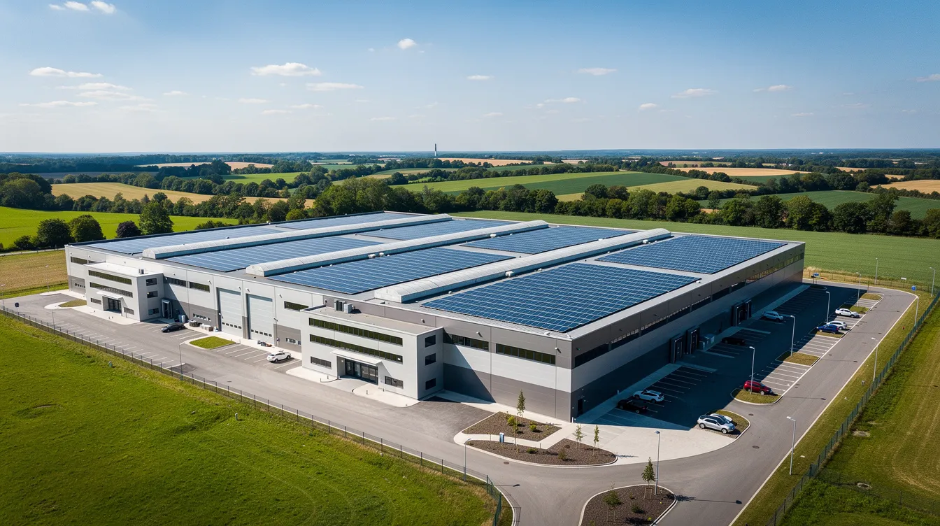 Die Luftaufnahme zeigt ein großes, modernes Fabrikgebäude mit Solaranlagen auf dem Dach, umgeben von einer grünen Landschaft. Dieses Werk könnte als Produktionsstätte für Elektroautos eines innovativen Unternehmens wie Tesla dienen, das sich für nachhaltige Energien einsetzt.