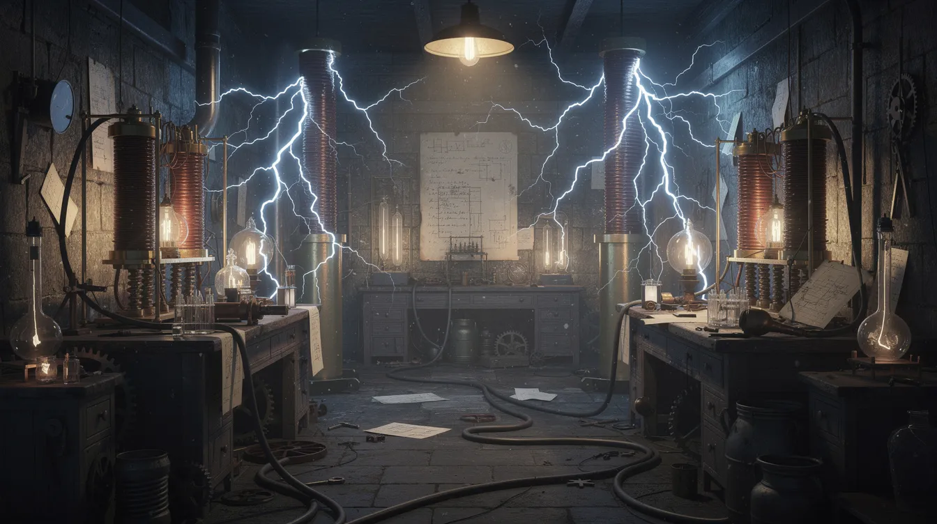 Das Bild zeigt ein historisches Labor von Nikola Tesla, in dem Blitze und elektrische Spulen in einer düsteren Werkstatt-Umgebung zu sehen sind. Die Atmosphäre ist von einer geheimnisvollen Energie durchzogen, die an die innovativen Projekte und Patente des Erfinders erinnert.