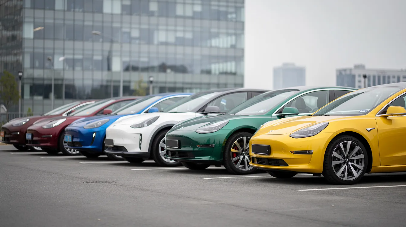 Eine Reihe verschiedener moderner Elektrofahrzeuge, darunter Modelle von Tesla, steht nebeneinander geparkt. Die Autos sind in unterschiedlichen Farben und zeigen die Vielfalt der Elektroautos auf dem Markt.