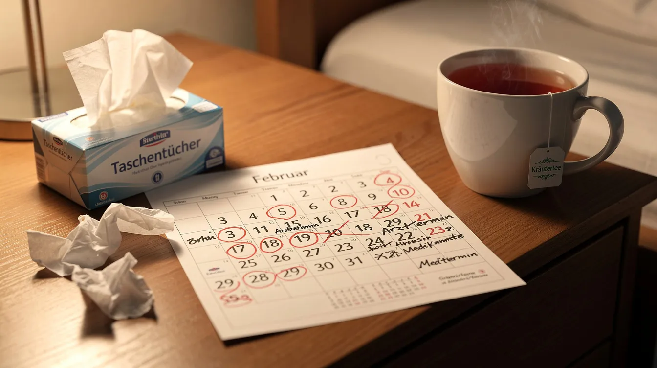Auf dem Nachttisch liegt ein Kalenderblatt mit markierten Tagen, die auf eine bevorstehende Erkältung hinweisen. Daneben stehen eine Tasse Tee und Taschentücher, die auf die typischen Symptome eines grippalen Infekts wie Halsschmerzen und Husten hinweisen.