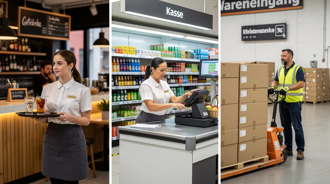 Das Bild zeigt verschiedene Arbeitnehmerinnen und Arbeitnehmer in unterschiedlichen Berufen wie Gastronomie, Einzelhandel und Logistik, die engagiert bei der Arbeit sind. Sie repräsentieren die Vielfalt der Arbeitswelt in Deutschland, wo der gesetzliche Mindestlohn von 13,90 Euro pro Stunde für viele von Bedeutung ist.