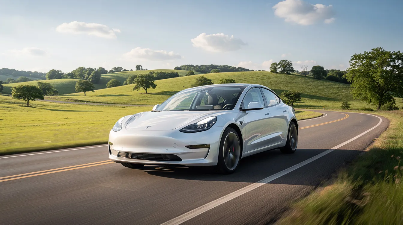 Ein modernes Elektroauto, möglicherweise ein Tesla, fährt auf einer offenen Landstraße, umgeben von einer grünen Landschaft. Im Hintergrund sind sanfte Hügel und Bäume zu sehen, die die idyllische Umgebung unterstreichen.