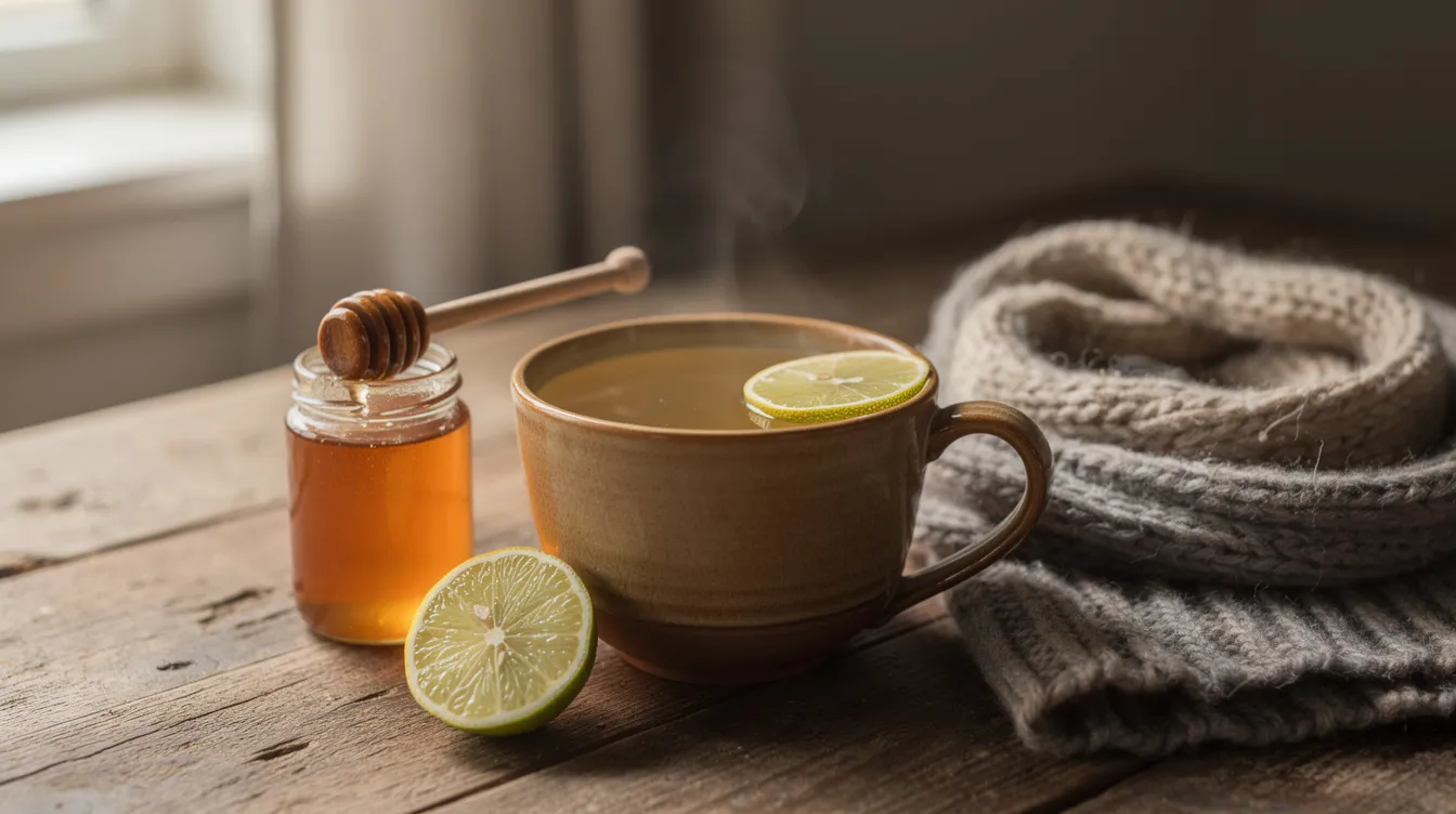 Auf dem Holztisch steht eine Tasse Kräutertee, die mit Honig und einer Scheibe Zitrone verfeinert ist, daneben liegt ein warmer Schal. Diese Szene vermittelt ein Gefühl von Gemütlichkeit und ist ideal für die Linderung von Erkältungsbeschwerden wie Halsschmerzen und Husten während der kalten Jahreszeit.