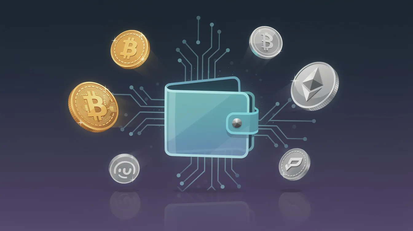 Die bildliche Darstellung zeigt eine digitale Geldbörse, die mit verschiedenen Kryptowährungs-Münzen wie Bitcoin (BTC) und Ethereum (ETH) gefüllt ist. Diese symbolisiert das Blockchain-Ökosystem und die Handelsplattformen wie Binance, auf denen Nutzer ihre Krypto-Assets verwalten können.