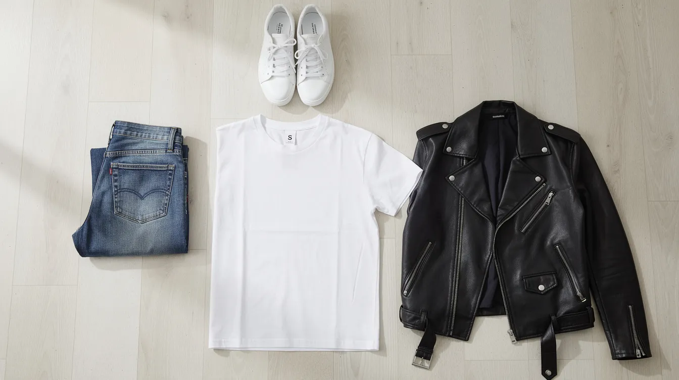 Das Bild zeigt eine stilvolle Anordnung von Basic-Kleidungsstücken auf einem hellen Holzboden. Zu sehen sind weiße Sneaker, eine blaue Jeans, ein weißes T-Shirt und eine schwarze Lederjacke, die zusammen ein lässiges Freizeit-Outfit für Damen kreieren.