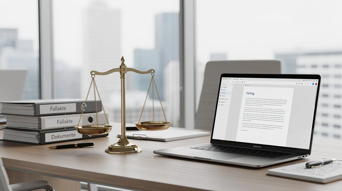 Auf einem modernen Schreibtisch steht eine Waage der Gerechtigkeit neben einem aufgeklappten Laptop, der offenbart, dass er für Analysen und Informationen über künstliche Intelligenz genutzt wird. Die Szene vermittelt ein Gefühl von Gleichgewicht und Technologie in einem zeitgemäßen Büro.