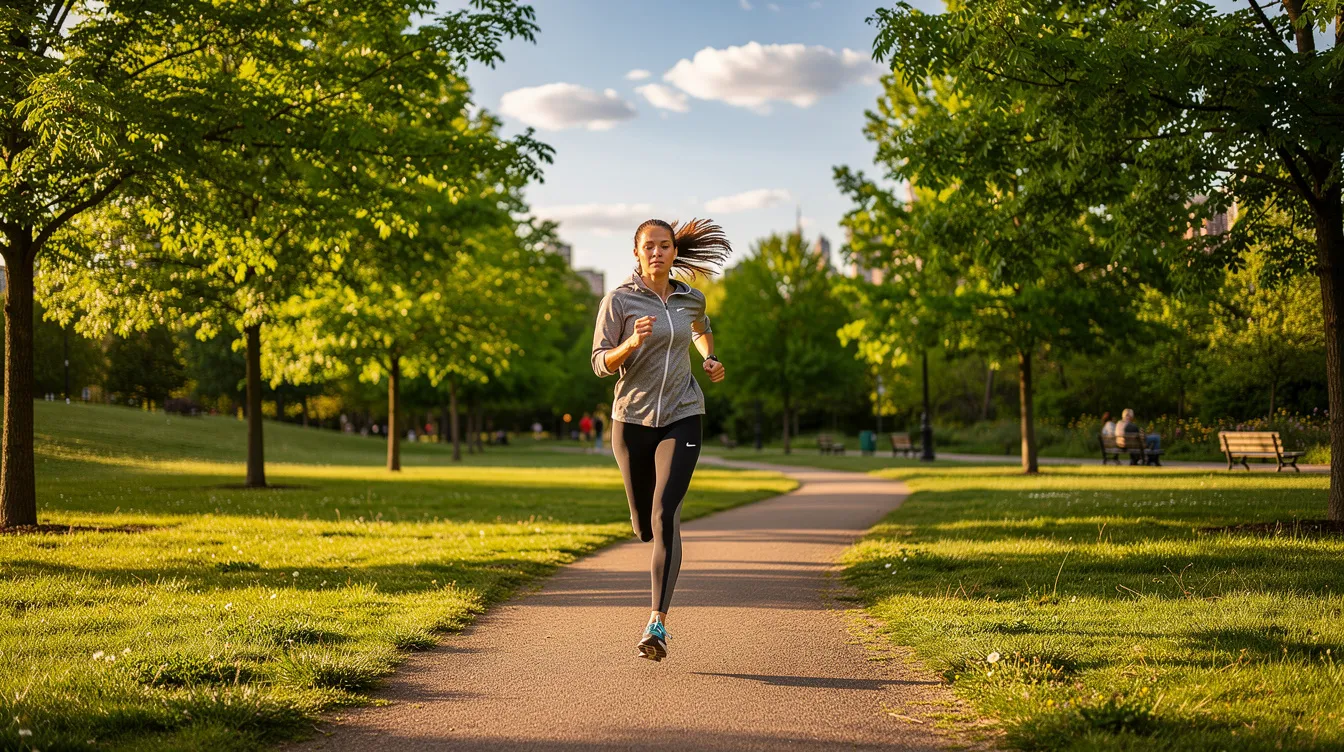 Eine Person joggt fröhlich durch einen grünen Park, während die Sonne scheint, was auf einen aktiven Lebensstil hinweist, der wichtig für die Gesundheit des Herz-Kreislauf-Systems und die Regulierung der Blutdruckwerte ist. Die Bewegung im Freien kann helfen, das Risiko von Bluthochdruck und anderen Herz-Kreislauf-Erkrankungen zu senken.