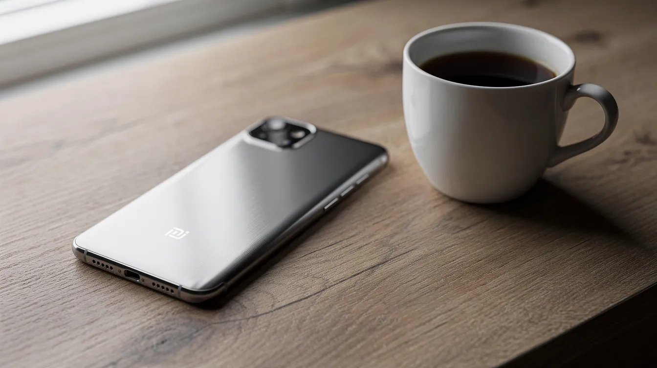 Ein elegantes Smartphone mit Titangehäuse liegt auf einer Holzoberfläche, neben einer dampfenden Tasse Kaffee. Das Gerät, möglicherweise ein iPhone 14 Pro Max, strahlt modernes Design und hochwertige Verarbeitung aus.