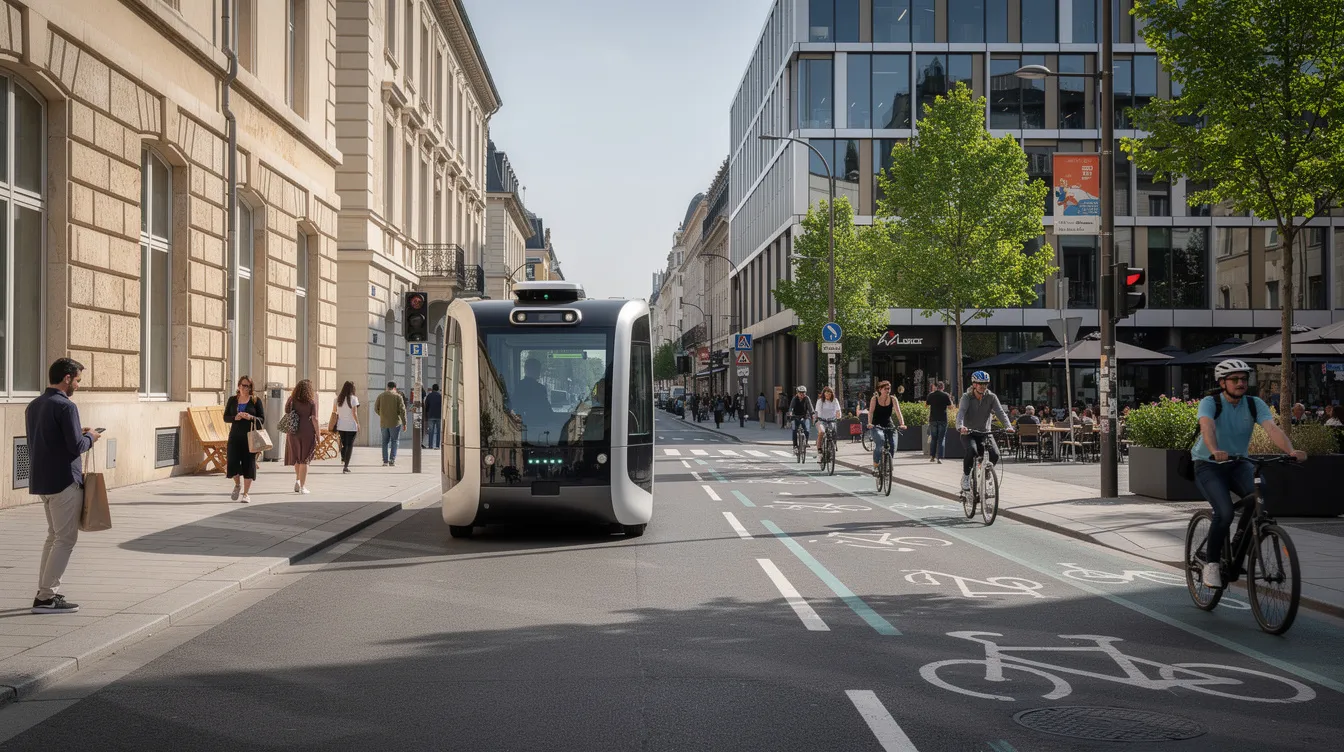 Ein autonomes Shuttle-Fahrzeug bewegt sich durch eine moderne europäische Innenstadt, umgeben von Fußgängern und Radfahrern, die die Digitalisierung und den Einsatz von KI-Technologien im urbanen Leben symbolisieren. Die Szene zeigt die Interaktion zwischen Menschen und intelligenten Verkehrssystemen, die Teil der Entwicklung von smarten Städten sind.