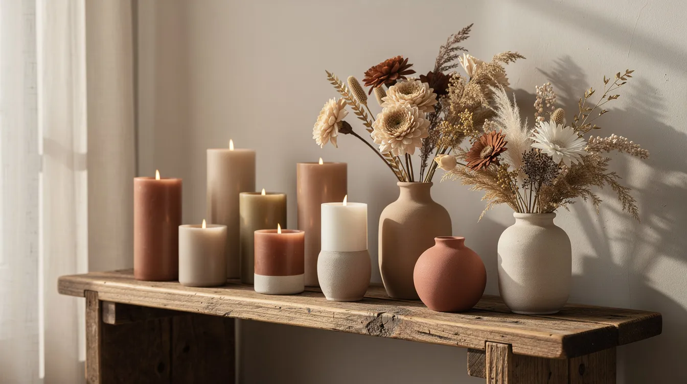 Auf einem hölzernen Regal sind saisonale Dekorationsartikel wie Kerzen, Vasen und Trockenblumen stilvoll arrangiert. Diese Wohnaccessoires schaffen eine einladende Atmosphäre und zeigen eine harmonische Kombination aus verschiedenen Texturen und Farben.