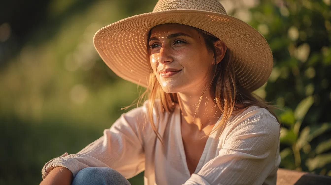 Eine Person mit einem Sonnenhut sitzt entspannt im Freien und genießt das Tageslicht an einem Sommertag. Die Atmosphäre strahlt Ruhe aus und betont die Wichtigkeit von Hautpflege und Sonnenschutz für eine gesunde Haut.