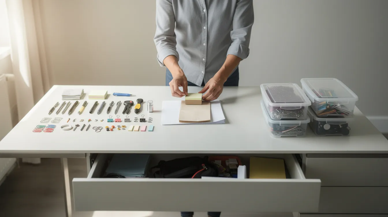 Eine Person sortiert sorgfältig Gegenstände aus einer Schublade auf einem aufgeräumten Tisch, was einen minimalistischen Lebensstil und die Idee des Ausmistens widerspiegelt. Der Raum strahlt Ruhe und Klarheit aus, während der Fokus auf den wesentlichen Dingen liegt, die im Alltag wichtig sind.