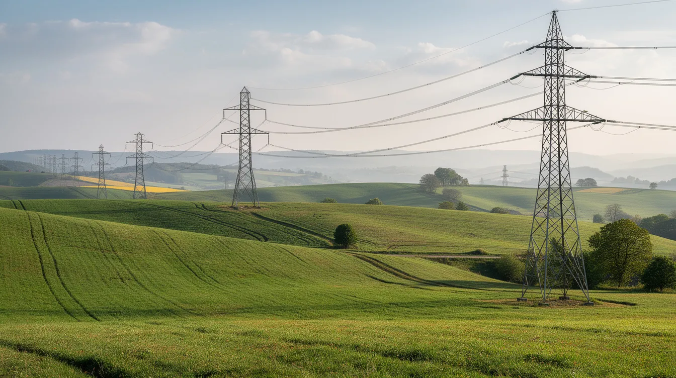 Hochspannungsleitungen und Strommasten erstrecken sich über grüne Felder in einer hügeligen Landschaft, die die Energieversorgung in Deutschland symbolisieren. Diese Infrastruktur ist ein wichtiger Bestandteil des Energiesystems und spielt eine entscheidende Rolle bei der Umsetzung der Energiewende hin zu erneuerbaren Energien.