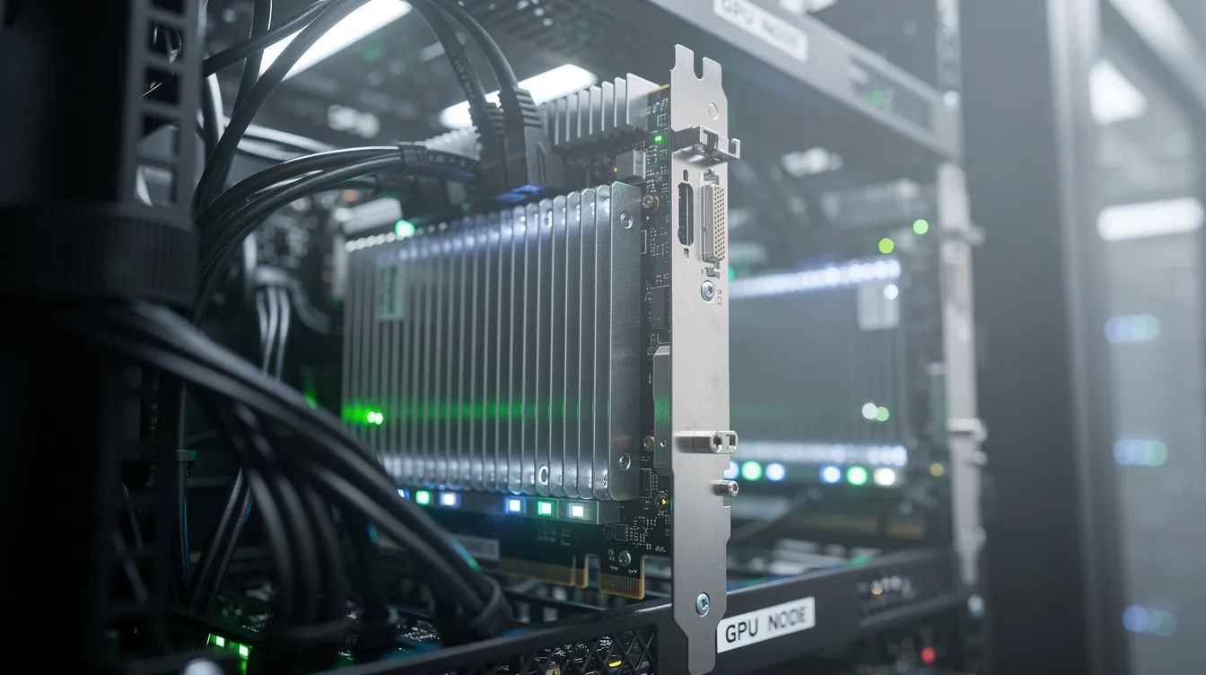 Das Bild zeigt moderne GPU-Karten in einem beleuchteten Serverrack eines Rechenzentrums, das für High-Performance Computing und KI-Anwendungen genutzt wird. Die Grafikprozessoren stammen von NVIDIA, einem führenden Chiphersteller mit Hauptsitz in Santa Clara, Kalifornien.