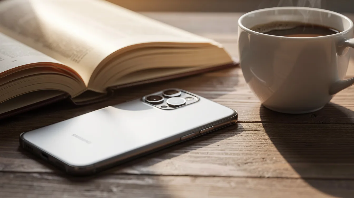 Ein Smartphone liegt mit dem Display nach unten neben einem aufgeschlagenen Buch und einer Tasse Kaffee, was eine ruhige und minimalistische Alltagsszene widerspiegelt. Diese Anordnung von Gegenständen vermittelt ein Gefühl von Klarheit und Fokus im täglichen Leben.
