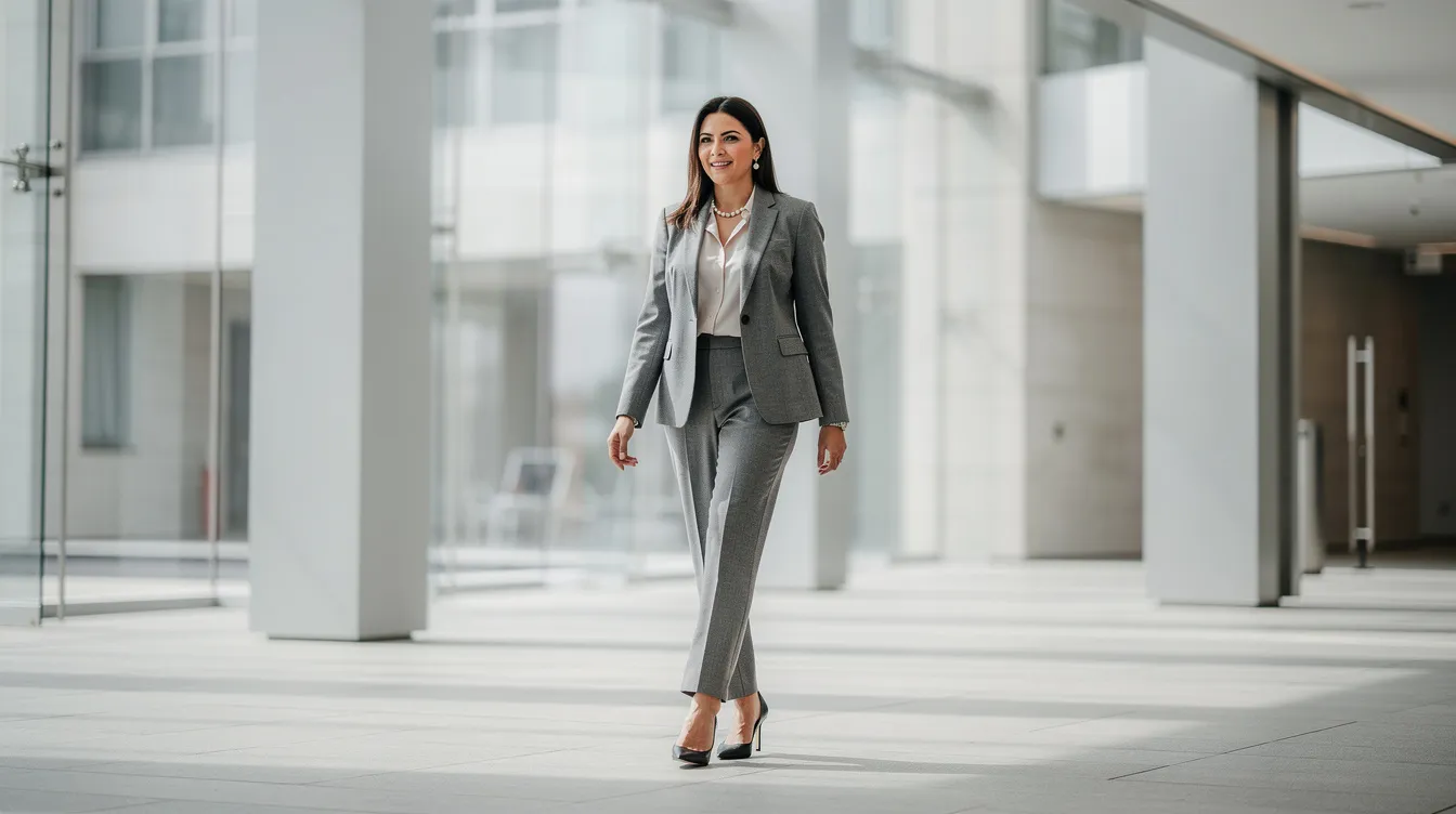 Eine Frau in einem eleganten Büro-Outfit mit einem stilvollen Blazer und einer passenden Stoffhose geht selbstbewusst durch ein modernes Gebäude. Ihr Look strahlt Professionalität und Trends aus, ideal für den Alltag im Büro.