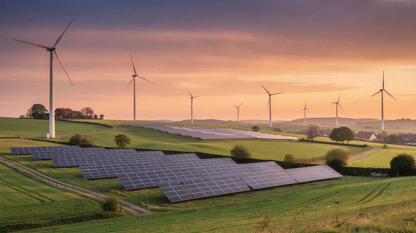 Auf dem Bild sind Windkraftanlagen und Solarpanels in einer grünen Landschaft Norddeutschlands bei Sonnenuntergang zu sehen, die symbolisch für die Energiewende und den Ausbau erneuerbarer Energien stehen. Die Szene vermittelt ein Gefühl von Nachhaltigkeit und Fortschritt im Bereich der Energieerzeugung.