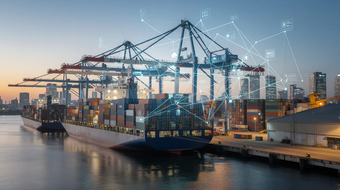 Das Bild zeigt einen modernen Containerhafen mit verschiedenen Schiffen und Kränen, in dem digitale Verbindungslinien zwischen den Containern verlaufen, um die Nachverfolgung und Transparenz zu symbolisieren, die durch Blockchain-Technologie ermöglicht wird. Diese Darstellung verdeutlicht die Vorteile der Blockchain in der Logistik, indem sie die effiziente Verwaltung und Sicherheit von Daten und Transaktionen hervorhebt.