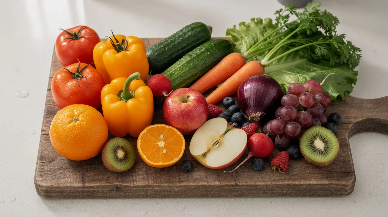 Auf einem Holzbrett liegen frische, bunte Gemüsesorten und Obst, die eine gesunde Ernährung symbolisieren. Diese Auswahl an Lebensmitteln kann helfen, den Blutdruck zu regulieren und das Risiko von Herz-Kreislauf-Erkrankungen zu senken.