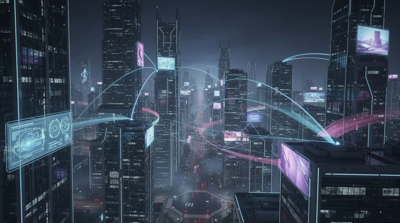 Die futuristische Stadtlandschaft bei Nacht zeigt leuchtende digitale Netzwerkverbindungen, die zwischen den modernen Gebäuden verlaufen. Diese visualisieren die Blockchain-Technologie und deren Vorteile, indem sie die Interaktion und Transaktionen innerhalb eines sicheren und transparenten Netzwerks symbolisieren.