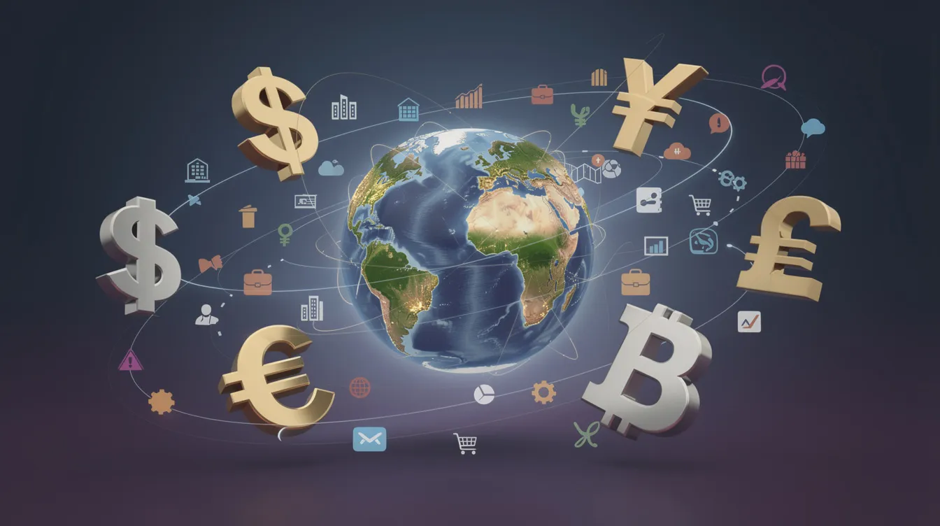 Das Bild zeigt eine Weltkugel, die von verschiedenen Währungssymbolen und kleinen Firmensymbolen umgeben ist. Diese Darstellung verdeutlicht die globale Vernetzung von Vermögenswerten und Märkten, die für Anlegerinnen und Anleger von Bedeutung sind.