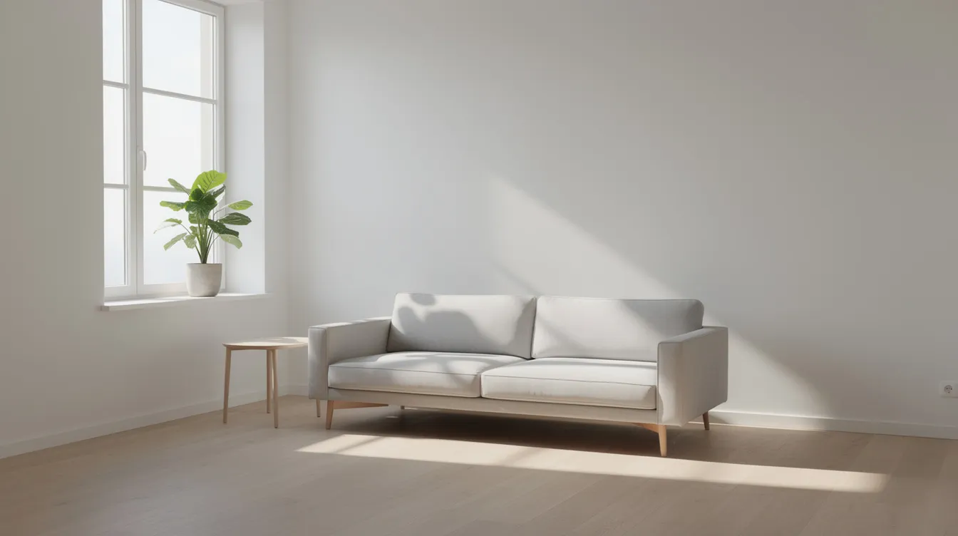 Der helle, ruhige Raum strahlt Klarheit und Minimalismus aus, mit wenigen Möbeln und einer Pflanze auf dem Fensterbrett, die das alltägliche Leben bereichert. Tageslicht durchflutet den Raum und schafft eine Atmosphäre der Freiheit und des Verzichts auf überflüssige Gegenstände.