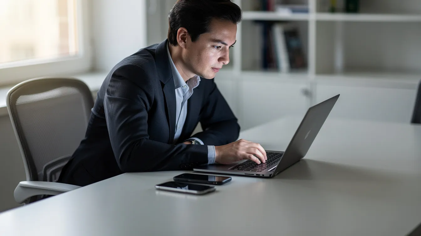 Eine Person sitzt konzentriert an einem Schreibtisch, auf dem ein Laptop und ein Smartphone liegen. Sie schaut auf den Bildschirm, während sie möglicherweise Informationen über ETFs, Aktien oder Anlagestrategien recherchiert.