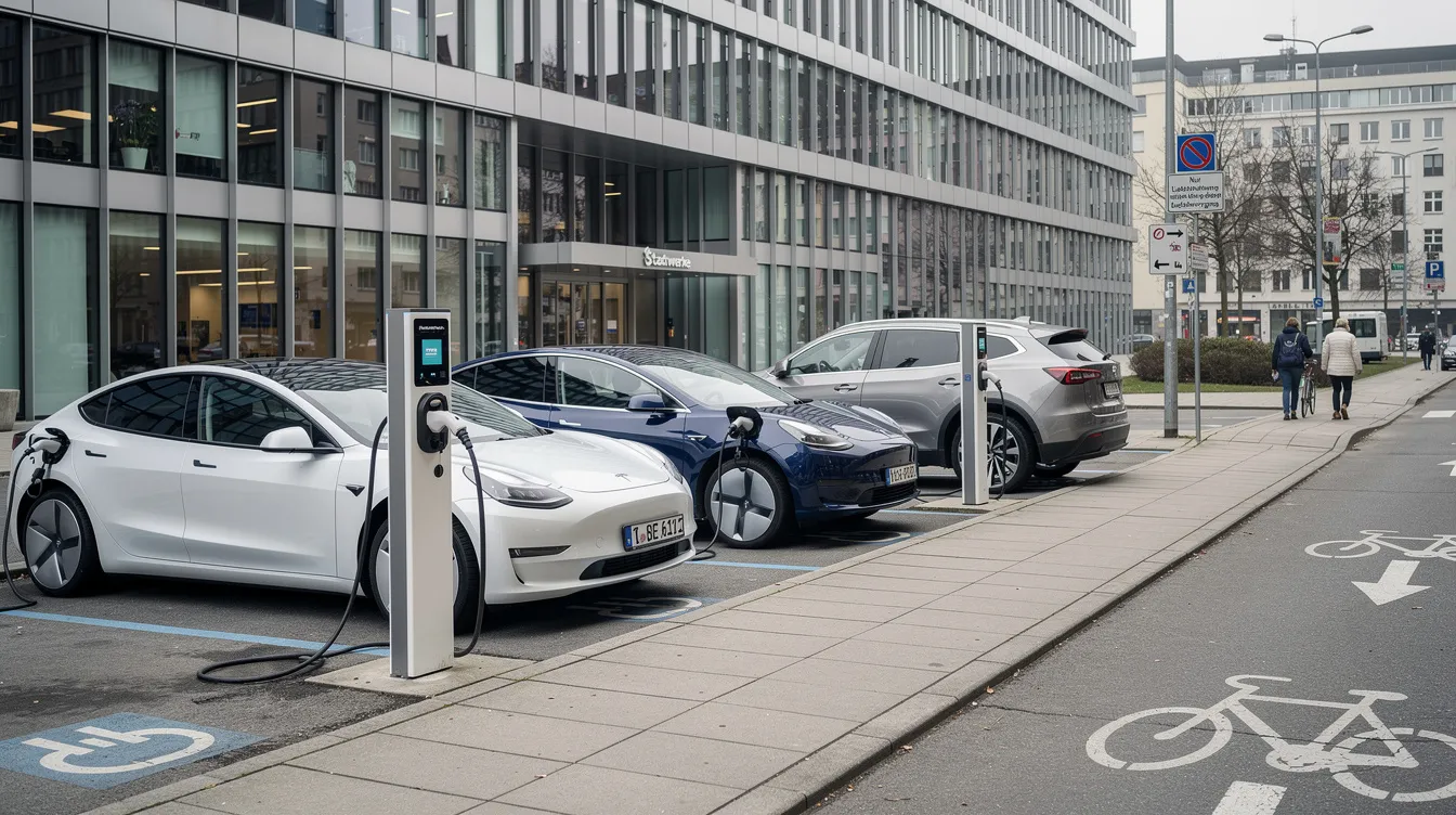 Auf dem Bild sind mehrere Elektrofahrzeuge an einer modernen Ladestation vor einem zeitgenössischen Gebäude in einer deutschen Stadt zu sehen. Diese Szene spiegelt den Trend zur Nutzung erneuerbarer Energien und den Umstieg auf umweltfreundliche Verkehrsmittel wider, was Teil der Energiewende in Deutschland ist.