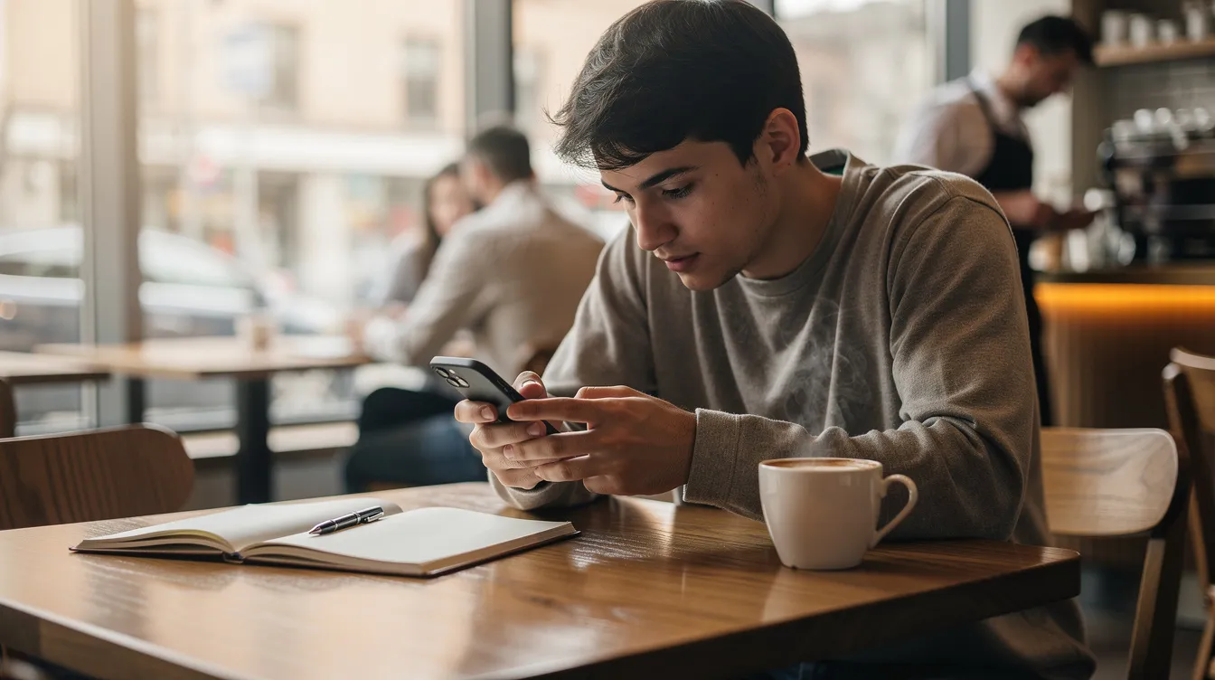 Eine Person sitzt in einem gemütlichen Café und arbeitet an ihrem Apple iPhone, während ein dampfender Kaffee und ein Notizbuch neben ihr auf dem Tisch stehen. Die Atmosphäre ist entspannt und einladend, ideal für produktives Arbeiten mit modernen Smartphones.