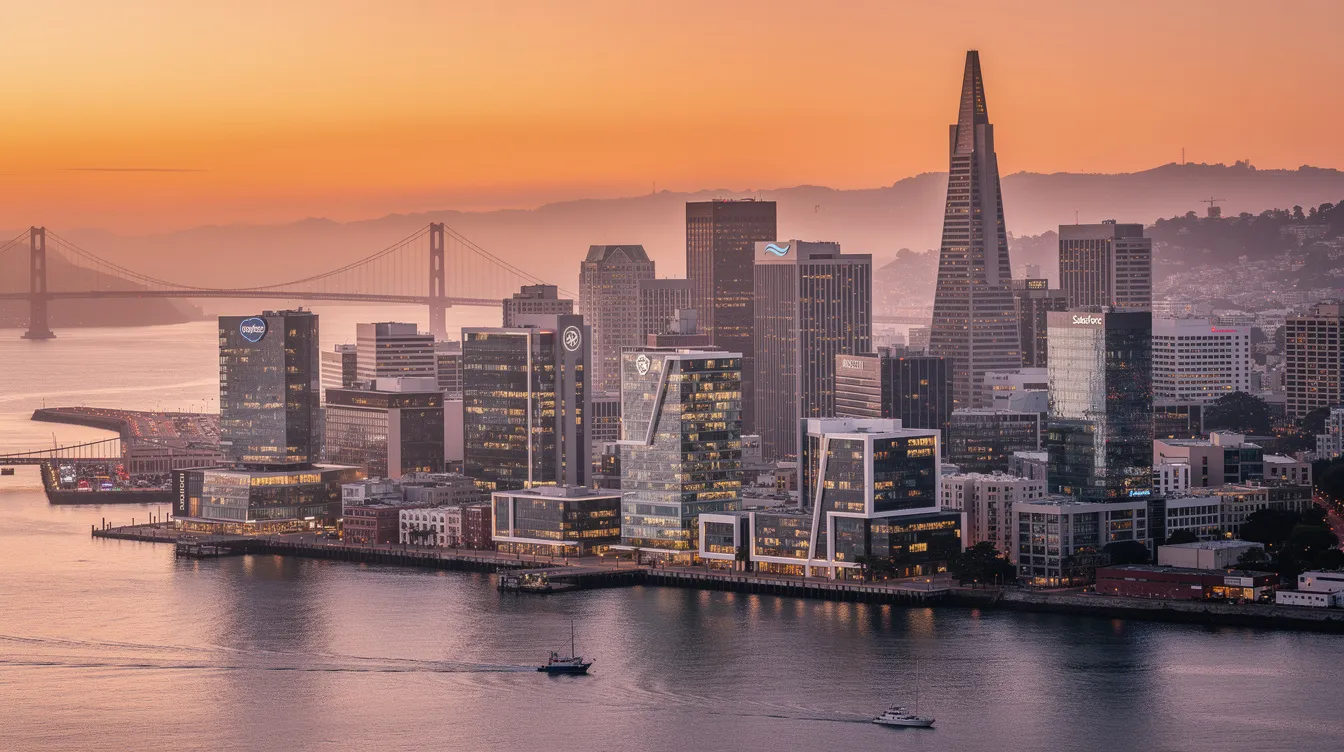 Die moderne Skyline von San Francisco zeigt beeindruckende Technologiegebäude und Wolkenkratzer, die im warmen Licht des Sonnenuntergangs erstrahlen. Diese Szene symbolisiert die Innovationskraft der Stadt, die eng mit Themen wie künstlicher Intelligenz und den Fortschritten von Unternehmen wie OpenAI verbunden ist.