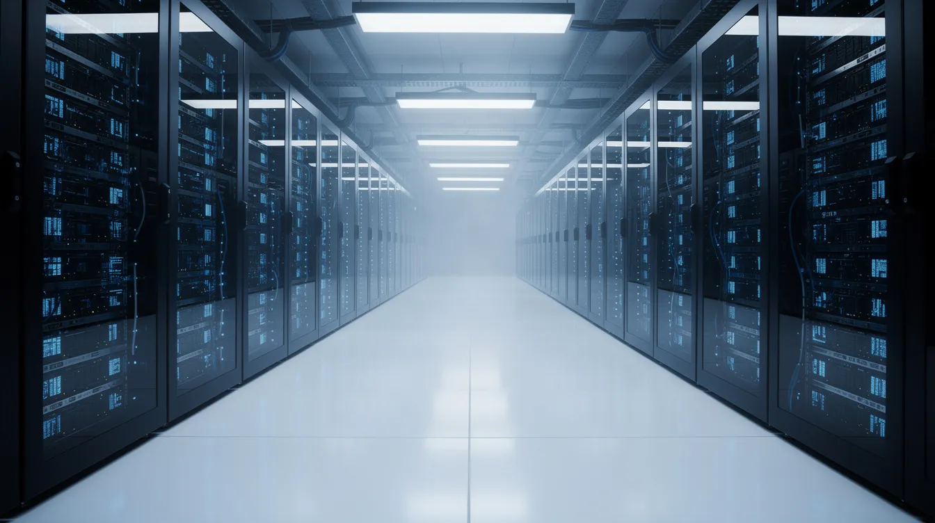 Das Bild zeigt Reihen von Servern in einem modernen Rechenzentrum, die mit blauen LED-Lichtern beleuchtet sind. Diese Server sind Teil eines leistungsstarken KI-Systems, das für die Verarbeitung umfangreicher Daten und die Unterstützung von Anwendungen wie ChatGPT und anderen KI-Modellen verwendet wird.