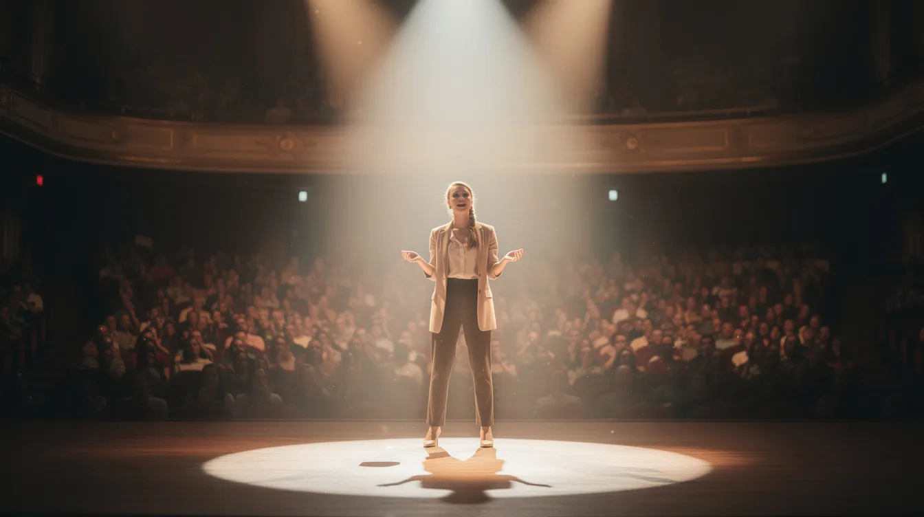 Eine junge Frau steht auf einer hell beleuchteten Theaterbühne und singt leidenschaftlich vor einem großen Publikum. Die Atmosphäre ist elektrisierend, während die Zuschauer gebannt ihrer Performance folgen, die an die Musikkarriere von Popstars wie Ariana Grande erinnert.