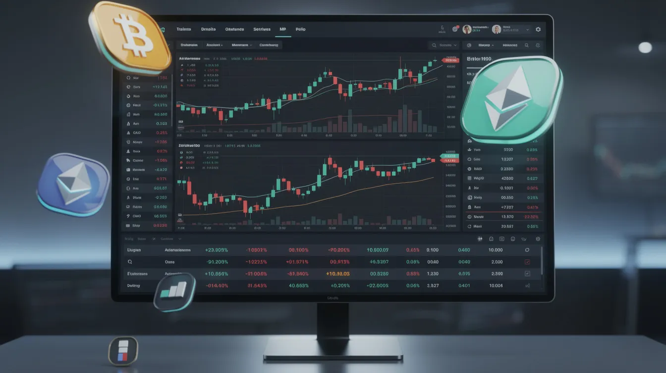 Die digitale Darstellung zeigt eine moderne Kryptowährungs-Handelsplattform mit verschiedenen Kursdiagrammen und Symbolen für Münzen wie Bitcoin (BTC) und Ethereum (ETH). Nutzer können hier auf der Binance-Börse ihre Handelsaktivitäten verfolgen und Vermögenswerte kaufen oder verkaufen.