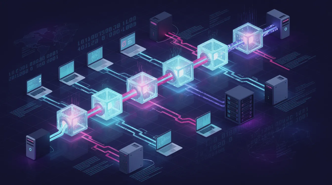 Die Illustration zeigt ein Netzwerk aus miteinander verbundenen digitalen Blöcken, die eine Kette bilden und über viele Computer verteilt sind, was die Funktionsweise der Blockchain-Technologie verdeutlicht. Diese Darstellung betont die Sicherheit und Transparenz, die durch das verteilte Hauptbuch in der Blockchain erreicht werden.