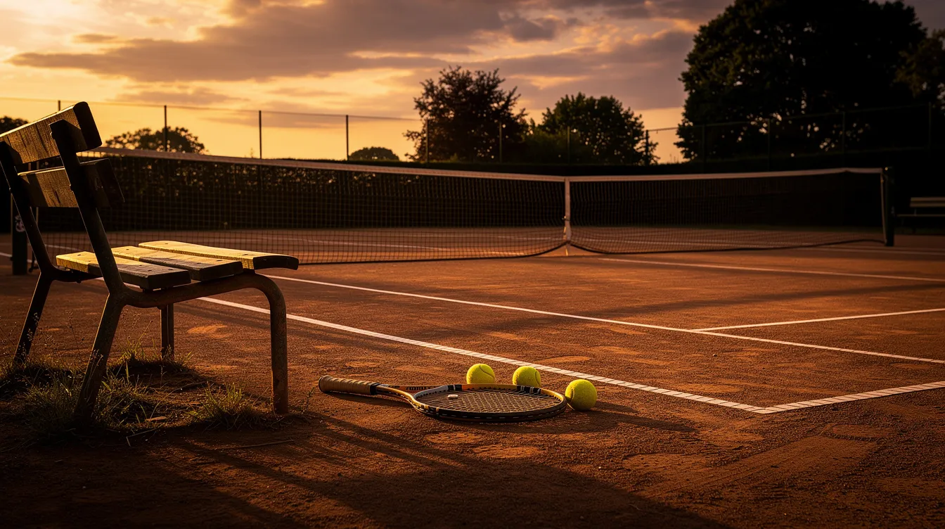 Ein leerer Tennisplatz bei Sonnenuntergang, auf dem eine Bank steht und ein Tennisschläger abgelegt ist. Die ruhige Atmosphäre spiegelt den Geist des Sports wider, während die Farben des Himmels an die großen Momente in der Tennisgeschichte, wie die Grand Slam Turniere, erinnern.