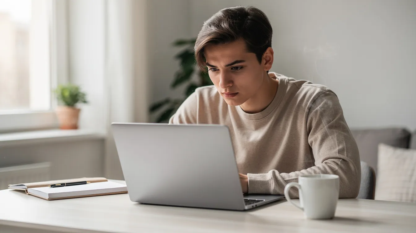 Eine Person sitzt konzentriert an einem aufgeräumten Schreibtisch mit einem Laptop und einer Kaffeetasse, während sie an einem Online-Kurs zur persönlichen Entwicklung arbeitet. Der Raum strahlt Klarheit und Ordnung aus, was die Selbstreflexion und das Lernen in den Bereichen Persönlichkeit und Fähigkeiten unterstützt.