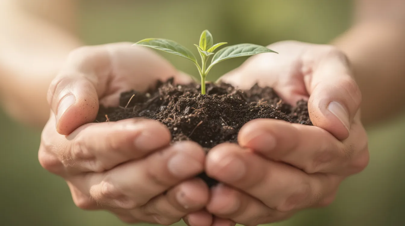 Eine Nahaufnahme von Händen, die eine kleine Pflanze halten, symbolisiert Engagement und Nachhaltigkeit. Diese Darstellung vermittelt ein Gefühl von Hoffnung und Verantwortung für die Umwelt.