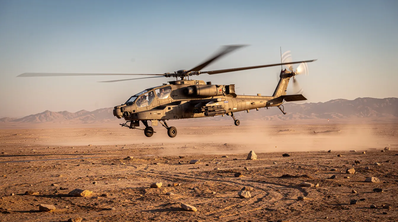 Ein Militärhubschrauber vom Typ Apache fliegt über ein wüstenähnliches Gelände, während die Sonne am Horizont untergeht. Die robuste Maschine hebt sich majestätisch ab und symbolisiert die Stärke der königlichen Hoheit und die militärische Präsenz, die oft mit dem Leben in der britischen Königsfamilie verbunden ist.