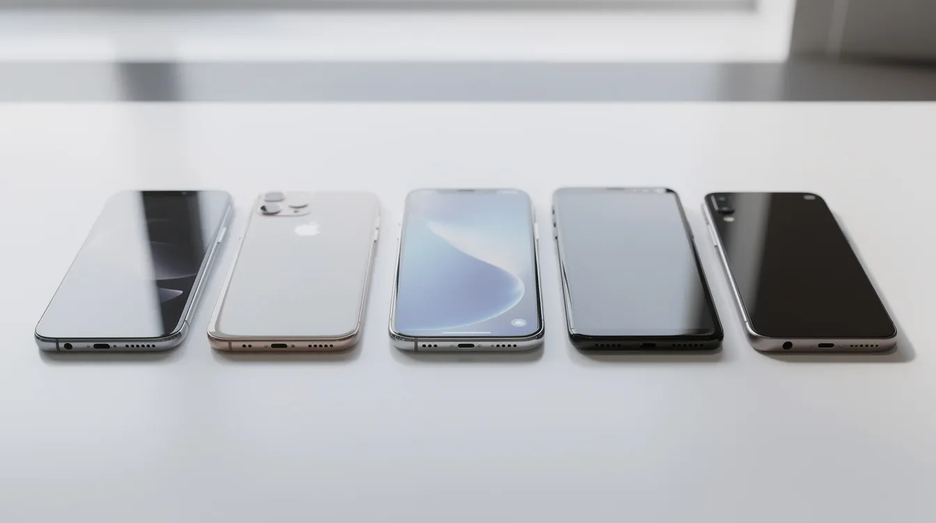 Auf einem minimalistischen weißen Schreibtisch sind verschiedene Smartphones, darunter das iPhone 14 Pro Max, iPhone 17 und iPhone 15 Pro, nebeneinander aufgereiht. Die Geräte zeigen eine Vielfalt an Designs und Größen, ideal für einen Vergleich der neuesten Modelle von Apple.