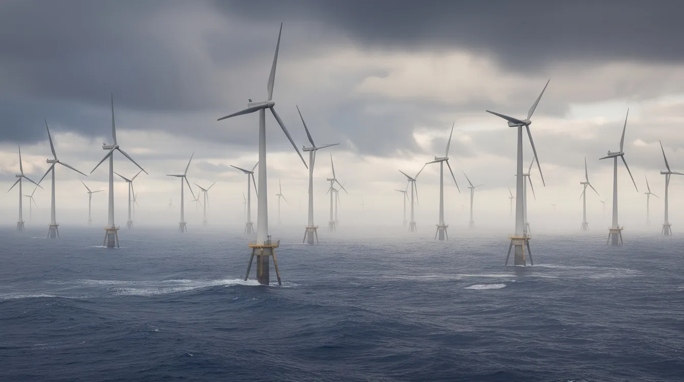Ein Offshore-Windpark mit zahlreichen Windkraftanlagen ragt majestätisch aus dem blauen Meer hervor, während der Himmel mit grauen Wolken bedeckt ist. Diese Szene symbolisiert den Ausbau der erneuerbaren Energien und die Transformation des Energiesektors in Deutschland.