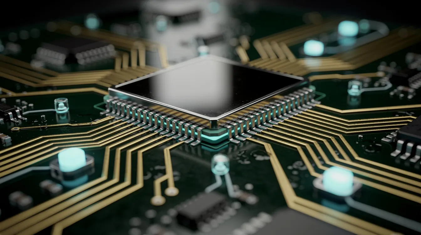 Die Nahaufnahme zeigt einen modernen Computerchip auf einer Platine, umgeben von leuchtenden Kontakten, die die Technologie eines Chipherstellers wie Nvidia repräsentieren. Die Details des Chips und der Platine verdeutlichen die Komplexität und Innovationskraft in Bereichen wie Grafikprozessoren und Hochleistungsrechnen.