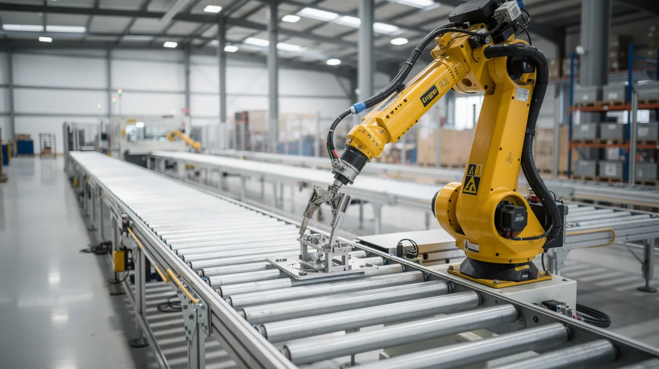 Ein Industrieroboterarm in einer modernen Fabrikhalle positioniert präzise Bauteile auf einem Fließband, was den Einsatz von künstlicher Intelligenz in der Produktion demonstriert. Diese Technologie ist ein wichtiger Bestandteil der Industrie 4.0 und zeigt, wie KI-Systeme die Effizienz in Unternehmen steigern können.