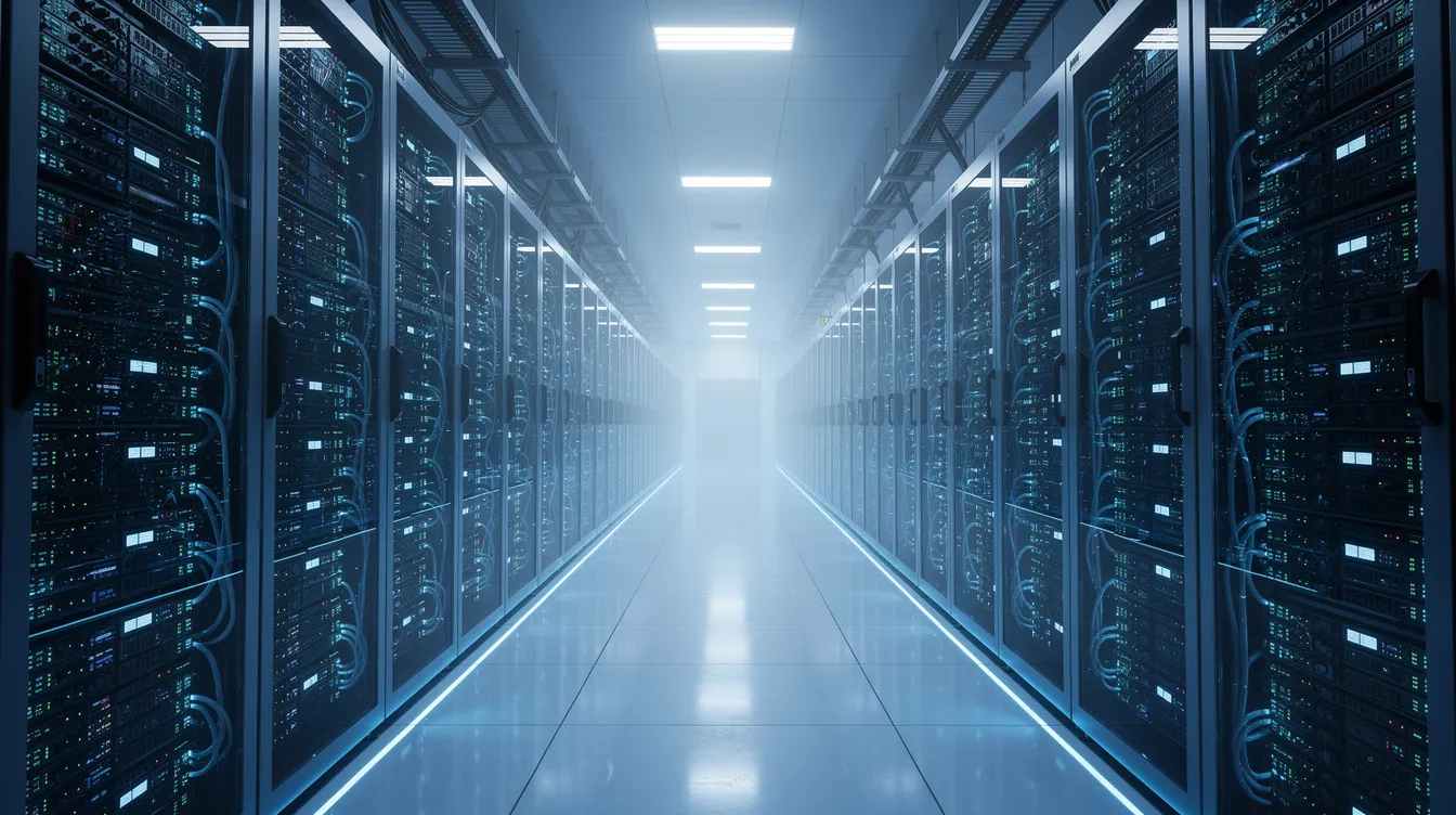 Das Bild zeigt mehrere Reihen von Servern in einem großen Rechenzentrum, das in einem blauen Licht erstrahlt. Diese Server sind Teil der Infrastruktur, die von Unternehmen wie Nvidia genutzt wird, um leistungsstarke Grafikprozessoren und Chipsätze für verschiedene Anwendungen bereitzustellen.