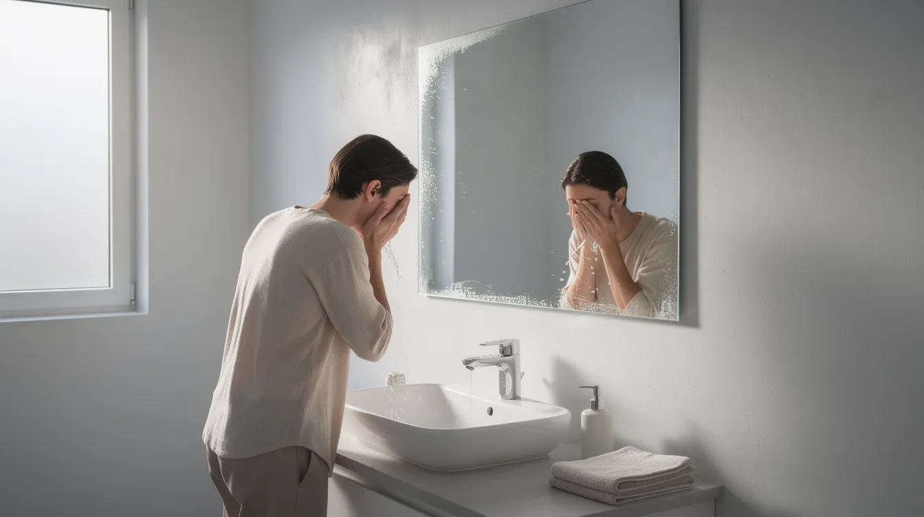 Eine Person steht vor einem Badezimmerspiegel und wäscht sich morgens das Gesicht mit Wasser, um ihre Haut zu reinigen und auf die tägliche Pflegeroutine vorzubereiten. Das weiche Licht und das minimalistische Bad schaffen eine entspannte Atmosphäre für die morgendliche Hautpflege.