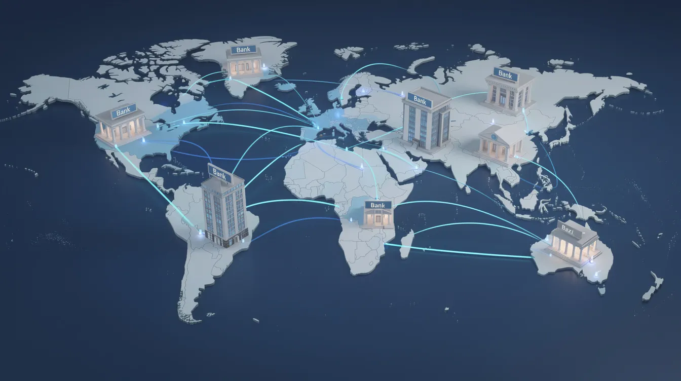 Das Bild zeigt eine Weltkarte, auf der verschiedene Bankgebäude vernetzt sind, um die internationalen Finanzverbindungen darzustellen. Diese Darstellung symbolisiert das globale Zahlungsnetzwerk, in dem Kryptowährungen wie Ripple und Bitcoin eine wichtige Rolle spielen.