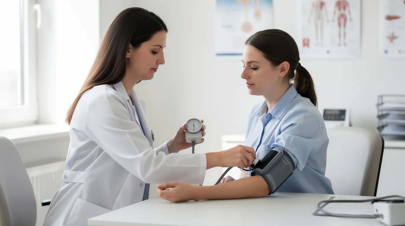 Eine Ärztin misst den Blutdruck einer Patientin am Oberarm in einer hellen Arztpraxis. Die Blutdruckmessung ist ein wichtiger Schritt zur Überwachung der Blutdruckwerte und zur Erkennung von Bluthochdruck, der das Risiko für Herz-Kreislauf-Erkrankungen erhöhen kann.