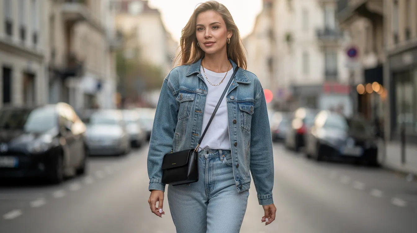Eine Frau steht in einer urbanen Straßenszene und trägt ein lässiges Jeans-Outfit, ergänzt durch eine goldene Halskette und eine schwarze Crossbody-Tasche. Ihr Look strahlt eine entspannte Eleganz aus und zeigt ihre Persönlichkeit durch ausgewählte Accessoires.