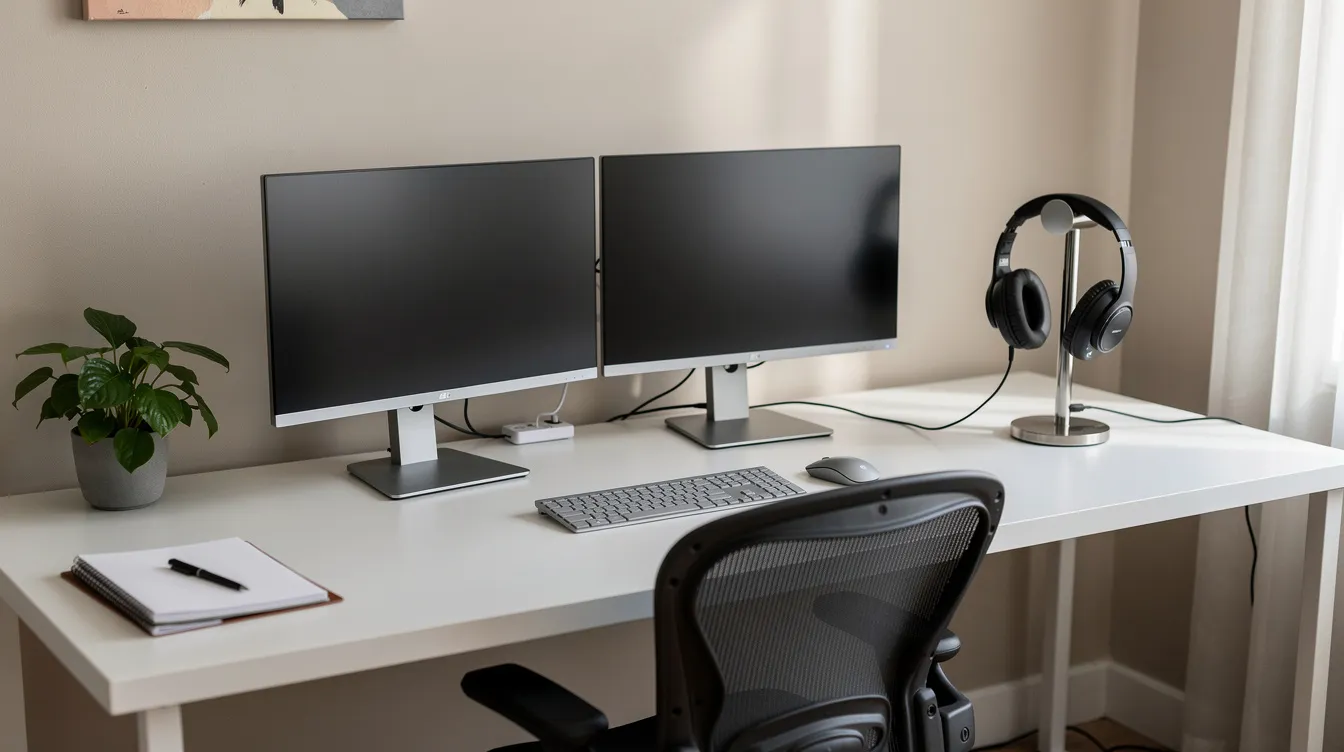 Ein moderner Heimarbeitsplatz mit zwei Monitoren, einem organisierten Schreibtisch, Kopfhörern und einem Notizblock, der eine produktive Arbeitsumgebung für Remote Work schafft. Hier wird die Vereinbarkeit von Beruf und Familie in einem komfortablen Homeoffice gefördert.