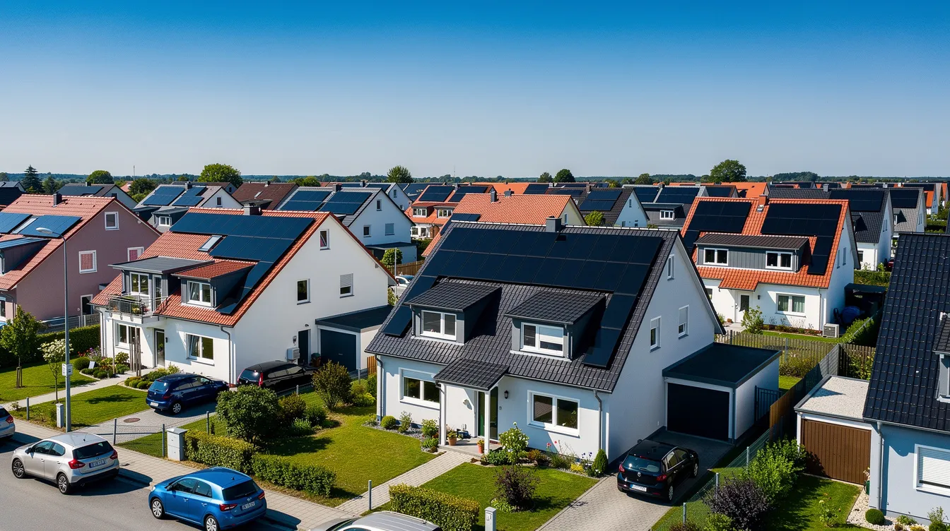 Auf dem Bild sind Solarpanels auf den Dächern einer deutschen Wohnsiedlung zu sehen, die unter einem klaren Himmel strahlen. Diese erneuerbaren Energien tragen zur nachhaltigen Energieversorgung und zum Klimaschutz bei.